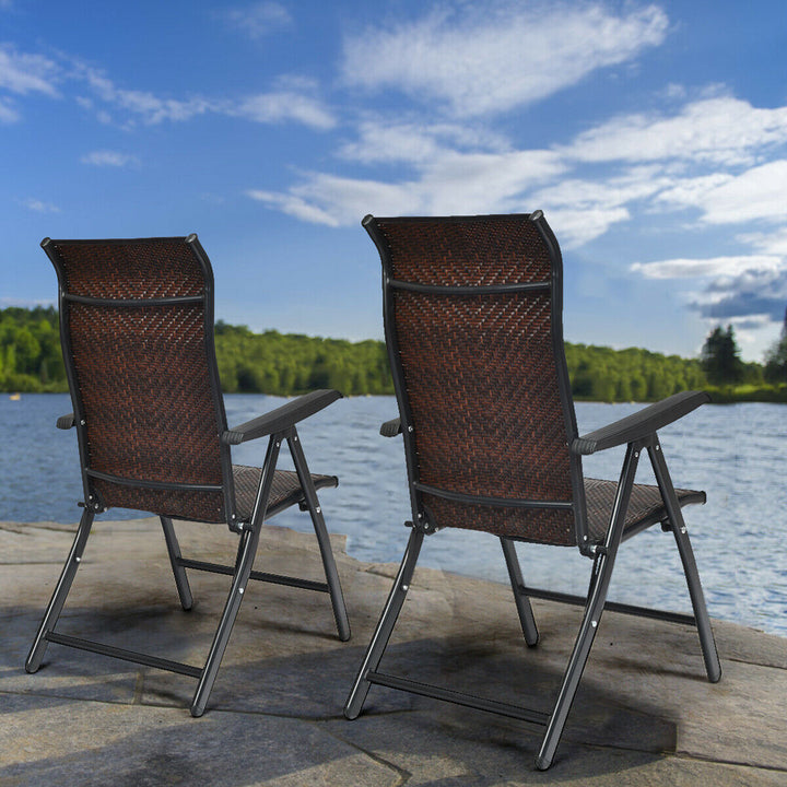 Set of 2 Folding Reclining Rattan Chair with Widened Armrest