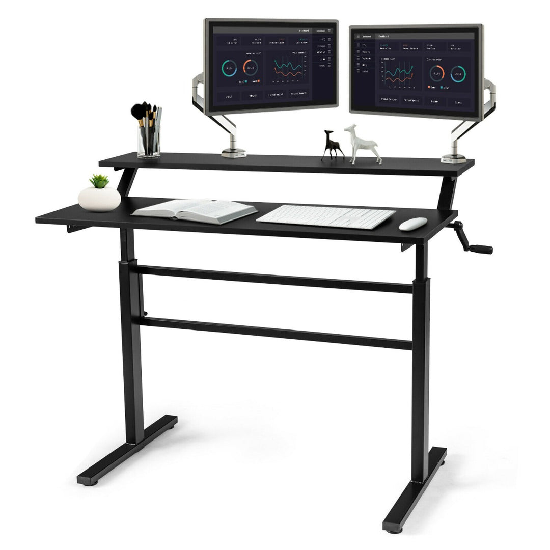 2-Tier Height Adjustable Standing Desk with Crank Handle-Black