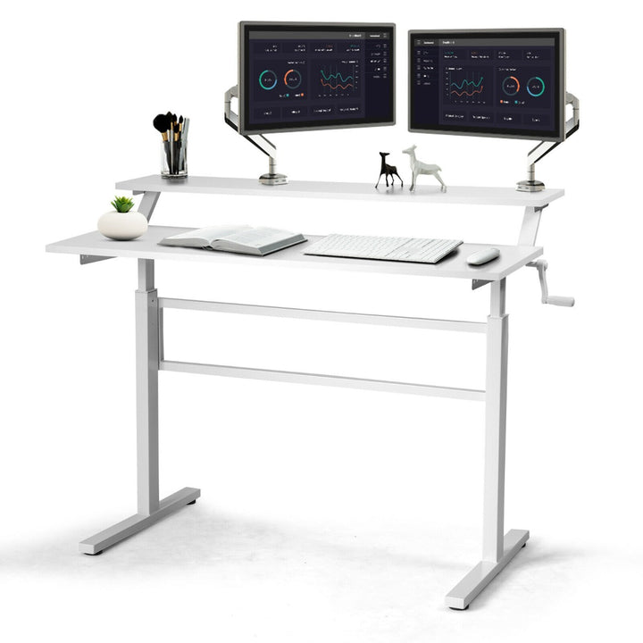 2-Tier Height Adjustable Standing Desk with Crank Handle-White