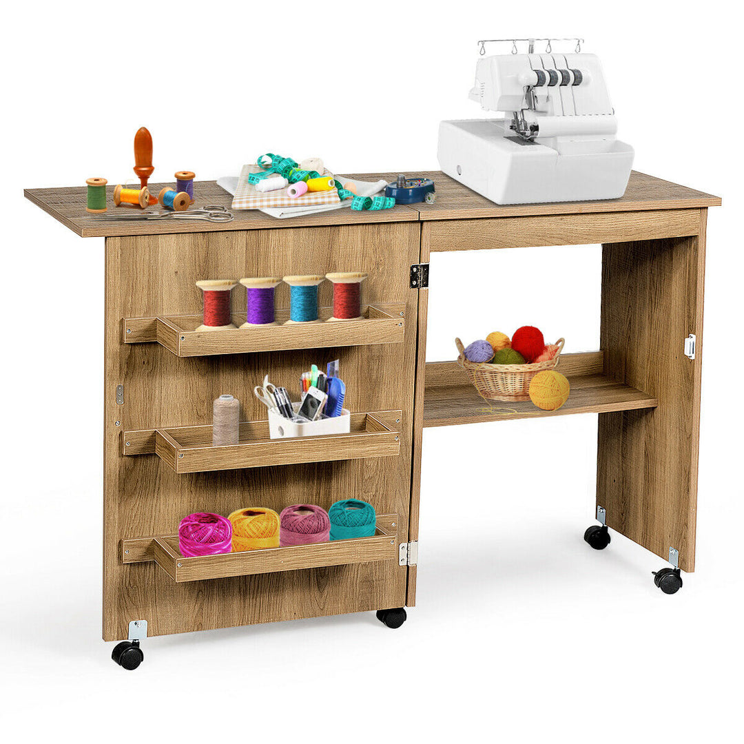 Folding Sewing Table with Storage Shelves- Natural