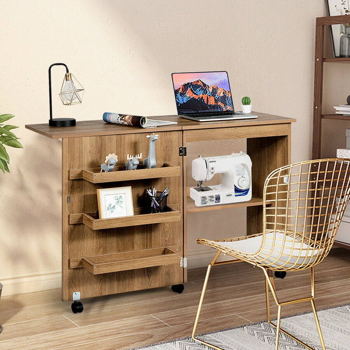 Folding Sewing Table with Storage Shelves- Natural