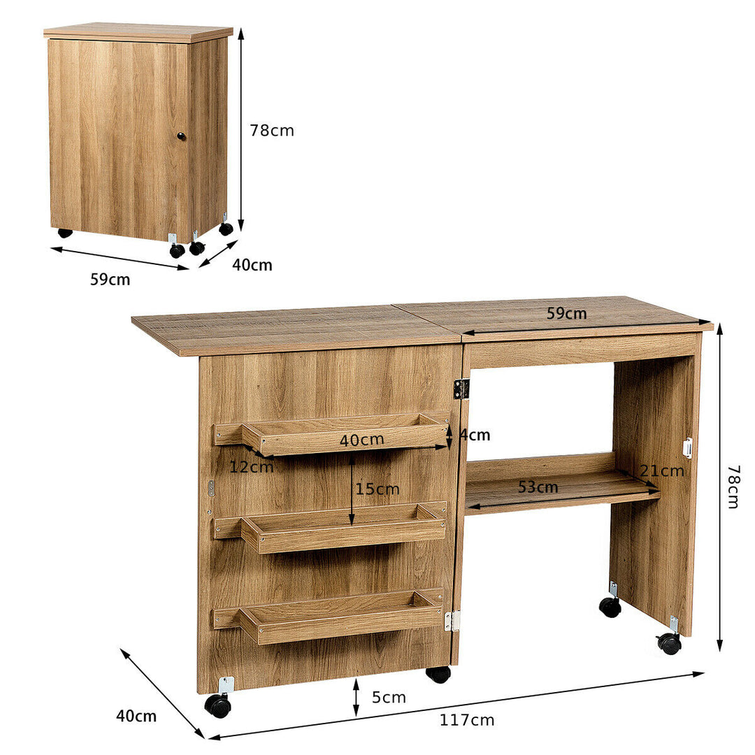 Folding Sewing Table with Storage Shelves- Natural