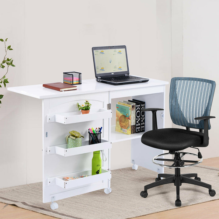 Folding Sewing Table with Storage Shelves and Lockable Casters-White