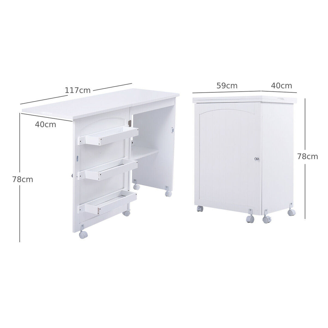 Folding Sewing Table with Storage Shelves and Lockable Casters-White