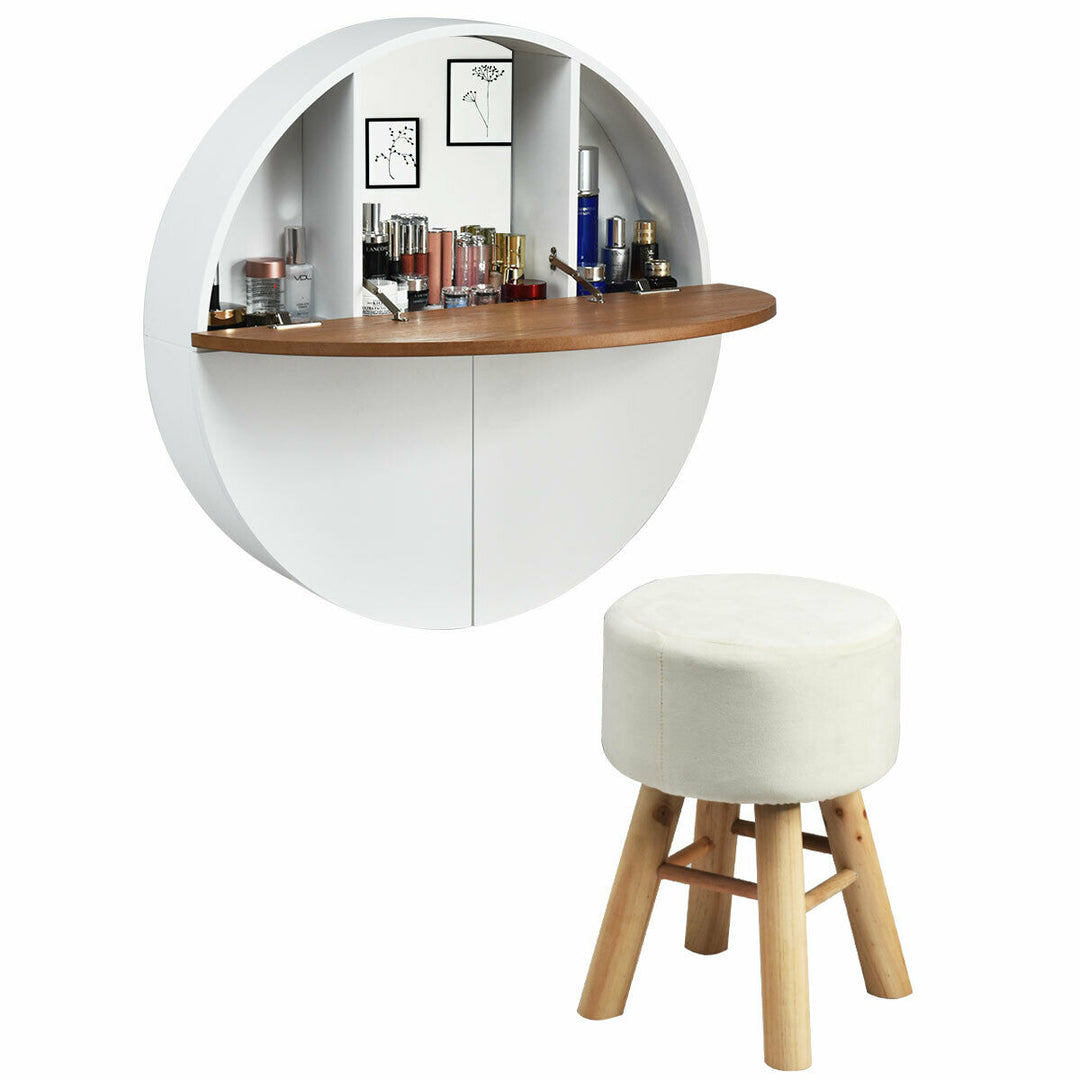 Wall Mounted Dressing Table Set with Mirror and Table Stool-White