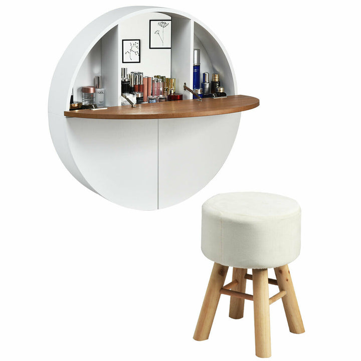 Wall Mounted Dressing Table Set with Mirror and Table Stool-White