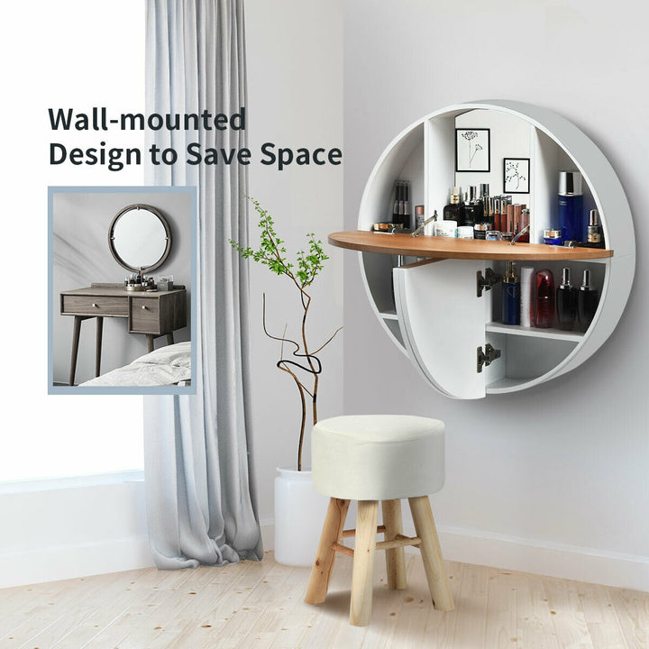Wall Mounted Dressing Table Set with Mirror and Table Stool-White