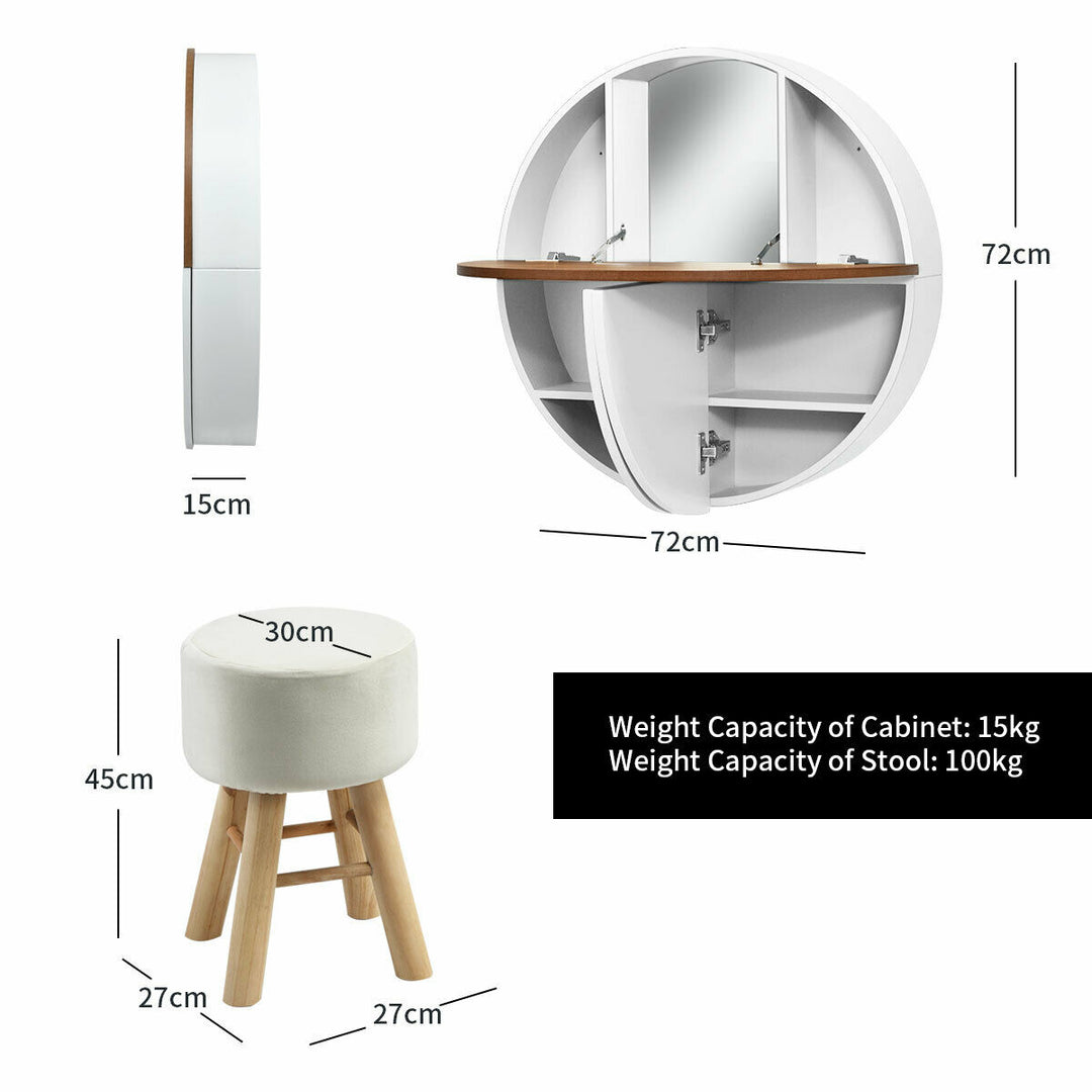Wall Mounted Dressing Table Set with Mirror and Table Stool-White