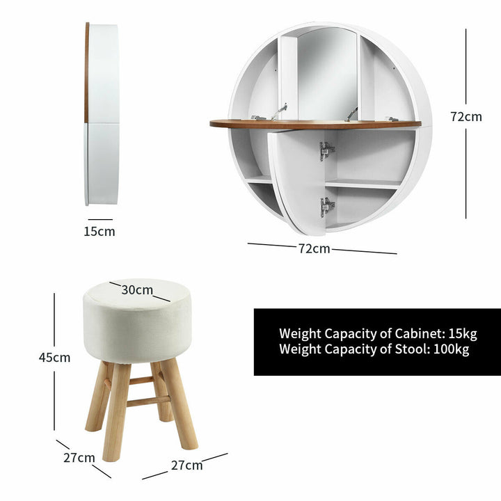 Wall Mounted Dressing Table Set with Mirror and Table Stool-White