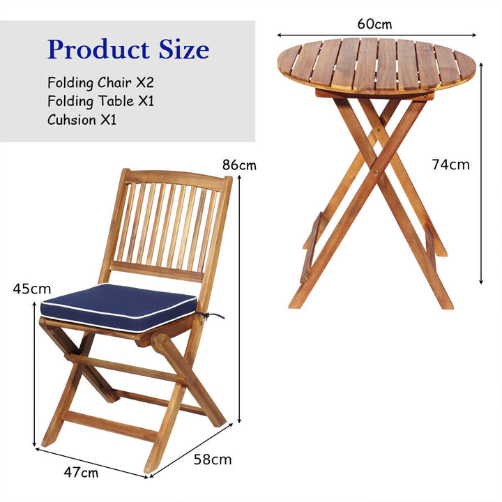 3 Piece Folding Bistro Set with Cushions for Patio-Blue