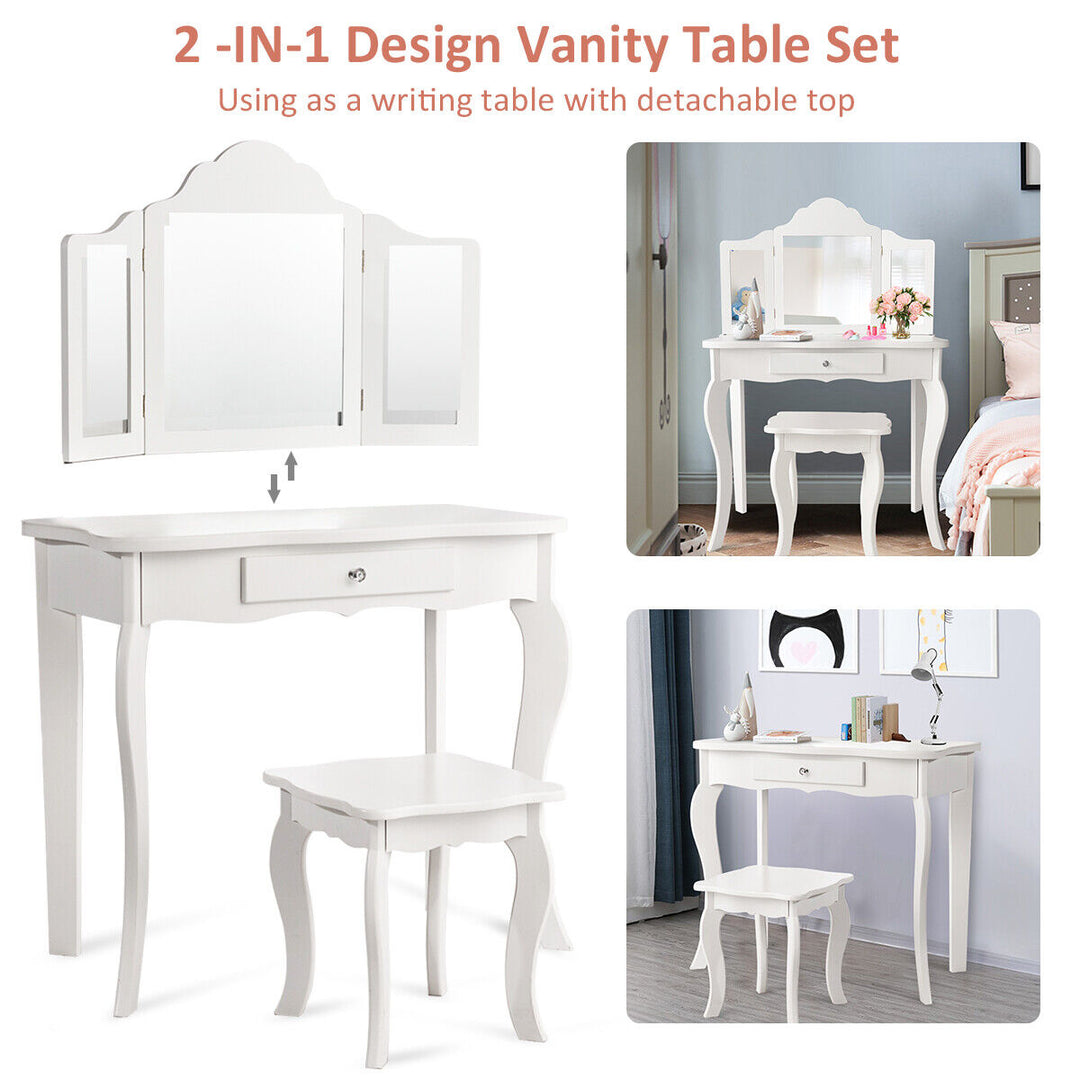 Kids Wooden Vanity Table and Stool Set with Detachable Top Folding Mirrors-White