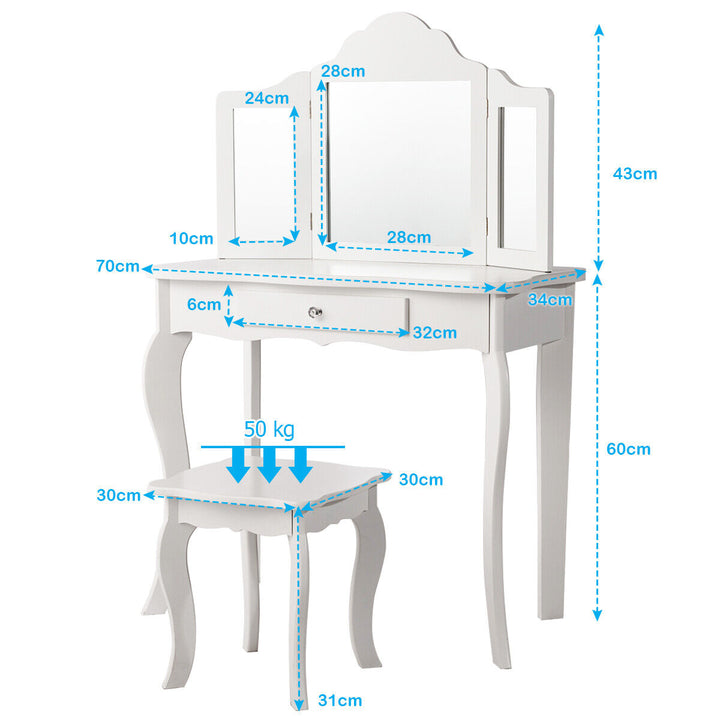 Kids Wooden Vanity Table and Stool Set with Detachable Top Folding Mirrors-White