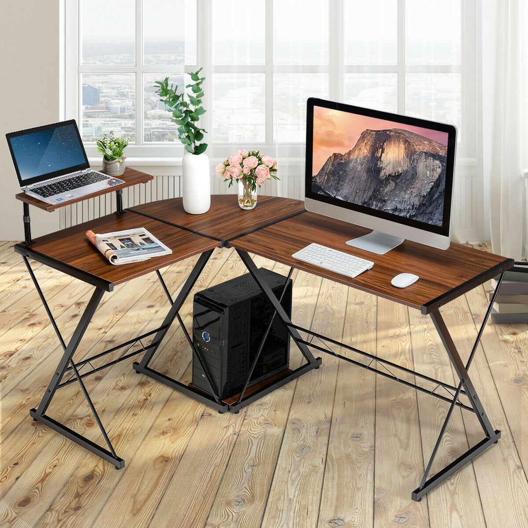 L-Shaped Corner Computer Desk with Monitor Stand and Host Tray-Walnut