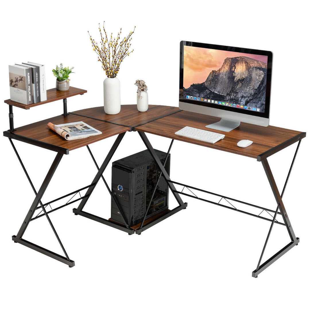 L-Shaped Corner Computer Desk with Monitor Stand and Host Tray-Walnut