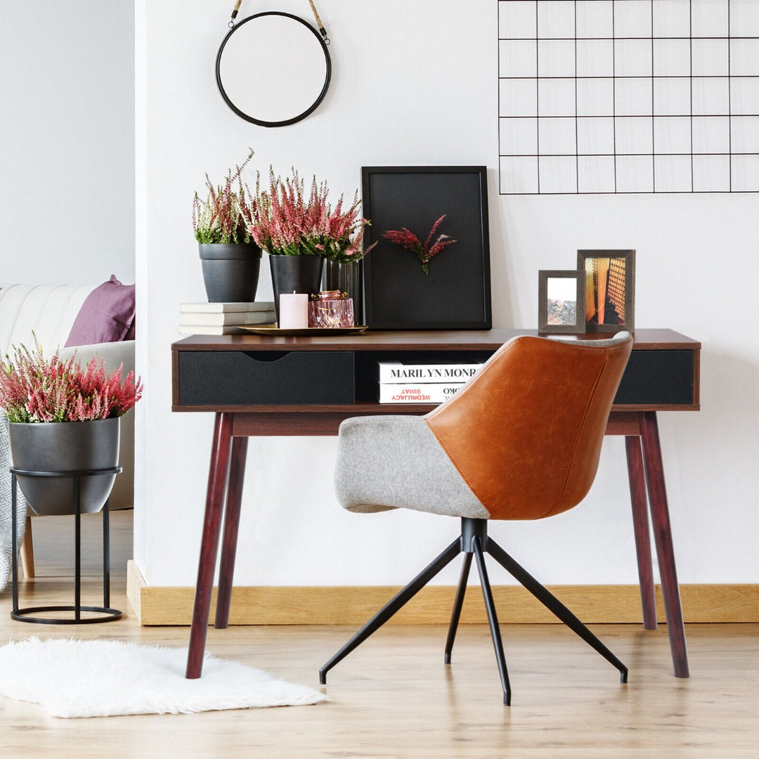 Wooden Computer Desk with 2 Drawers and Open Shelf for Home Office Work Study