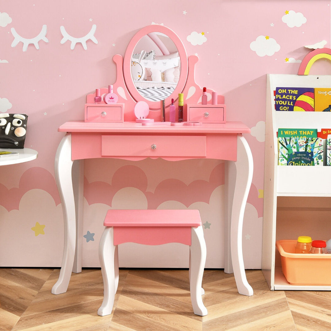 Kids Vanity Table Stool Set with 360° Rotating Mirror and 3 Drawers-Pink