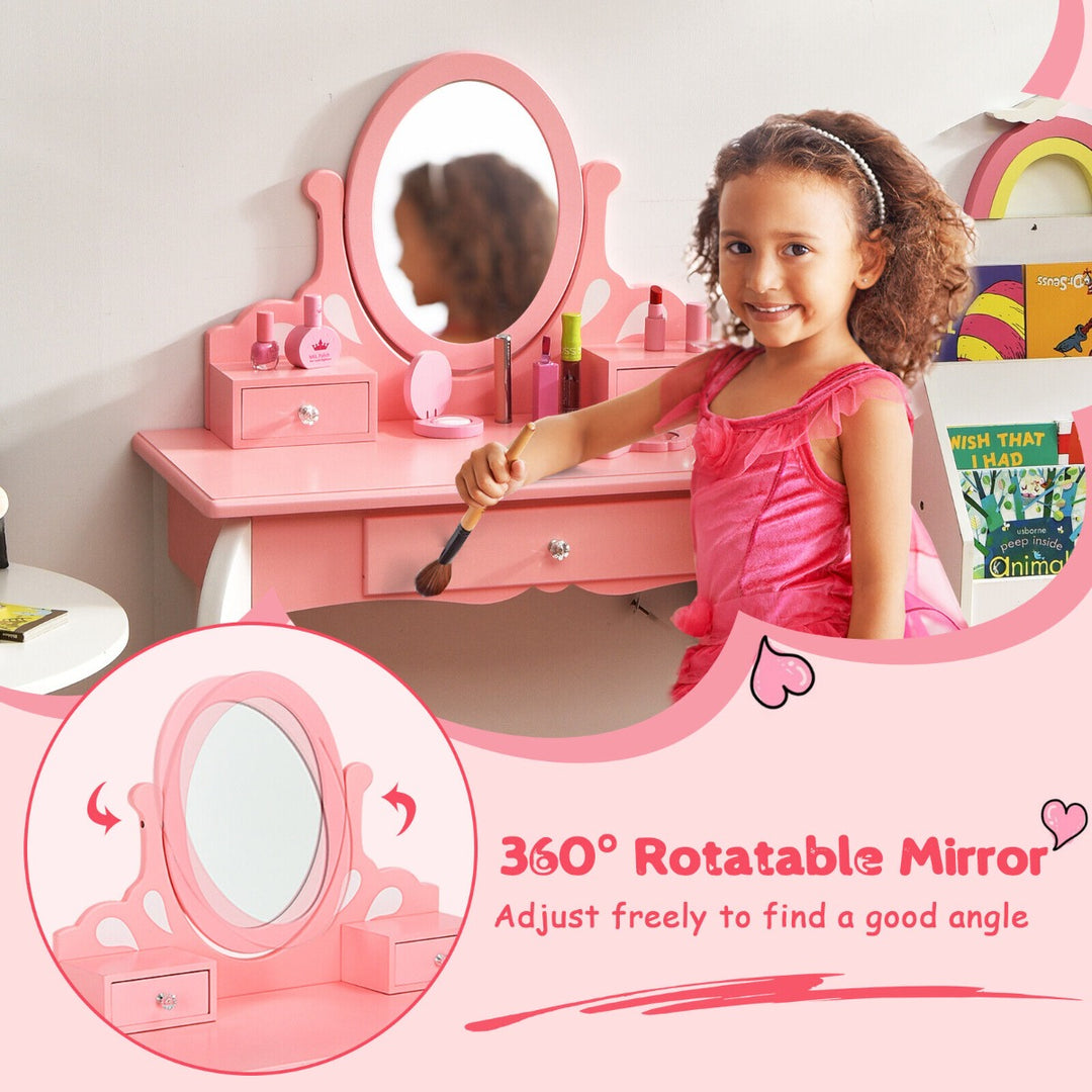 Kids Vanity Table Stool Set with 360° Rotating Mirror and 3 Drawers-Pink