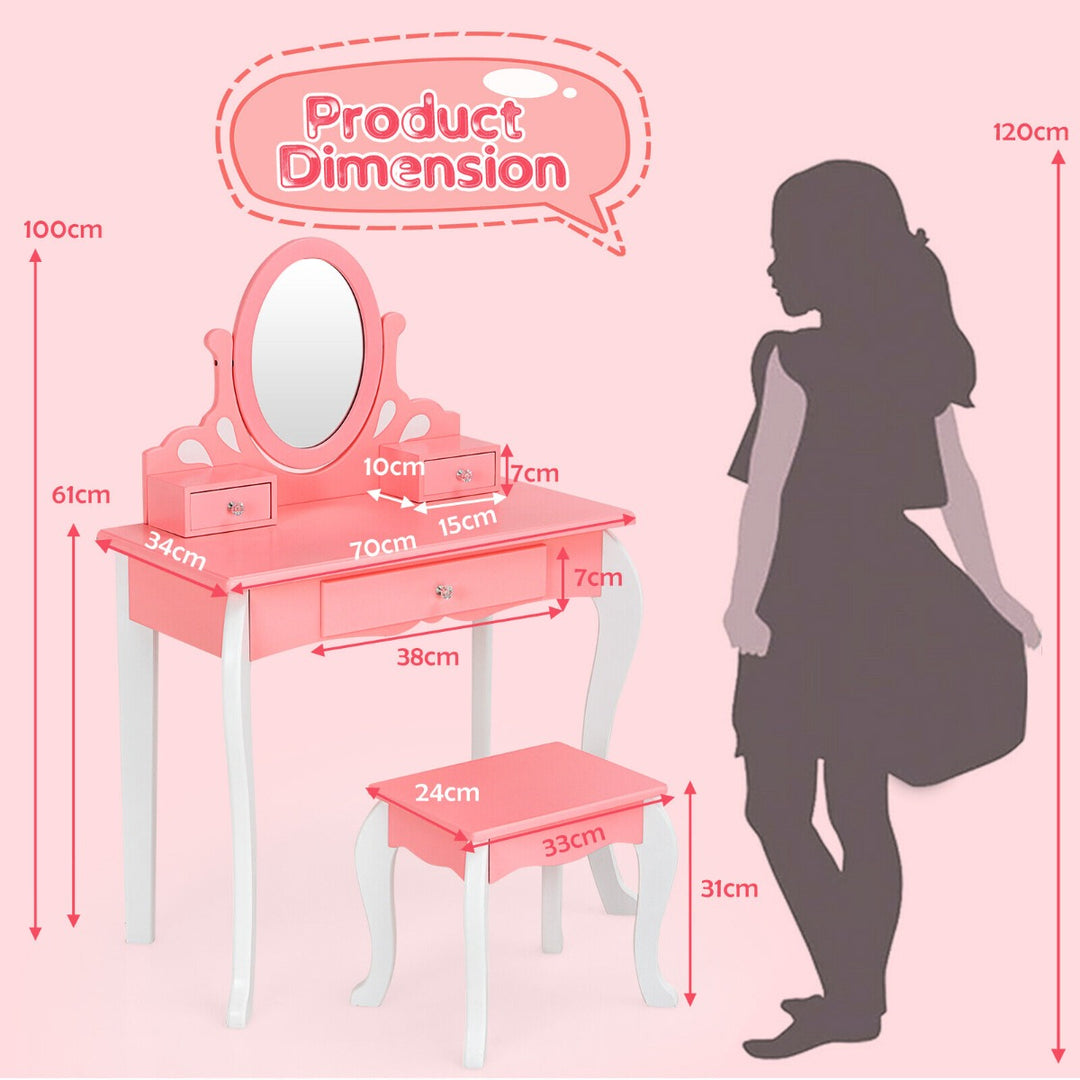 Kids Vanity Table Stool Set with 360° Rotating Mirror and 3 Drawers-Pink