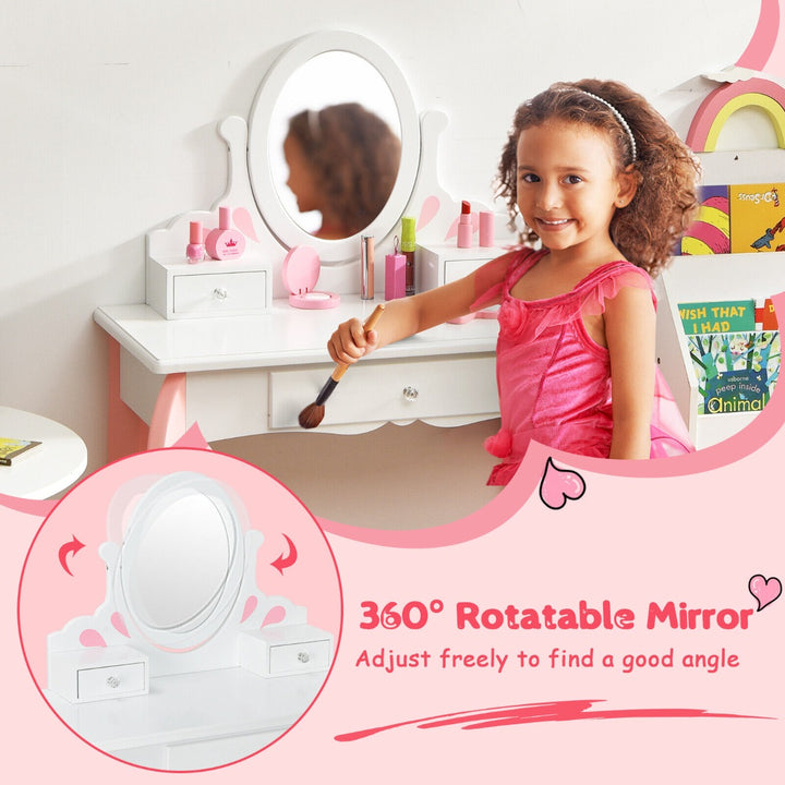 Kids Vanity Table Stool Set with 360° Rotating Mirror and 3 Drawers-White