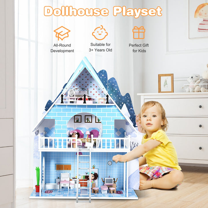 Wooden Kids 3 Storey Doll House With Furniture Accessories