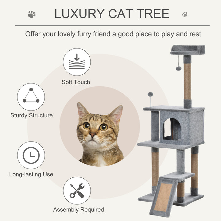 PawHut Cat Tree Tower 142cm Climbing Kitten Activity Center with Jute Scratching Post  Board Perch Roomy Condo Removable Felt Hanging Toy, Grey