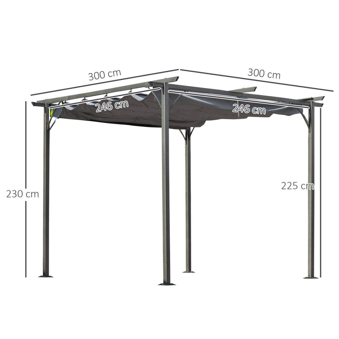 3x3 (m) Metal Pergola Gazebo Awning Retractable Canopy Outdoor Garden Sun Shade Shelter Marquee Party BBQ Grey