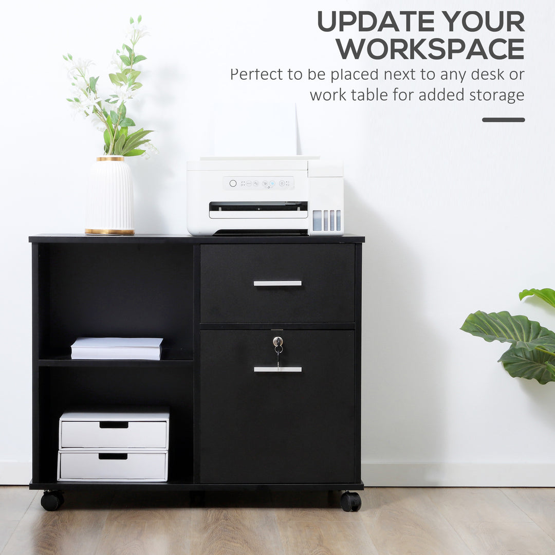 Vinsetto Filing Cabinet with Wheels, Mobile Printer Stand with Open Shelves and Drawers for A4 Size Documents, Black