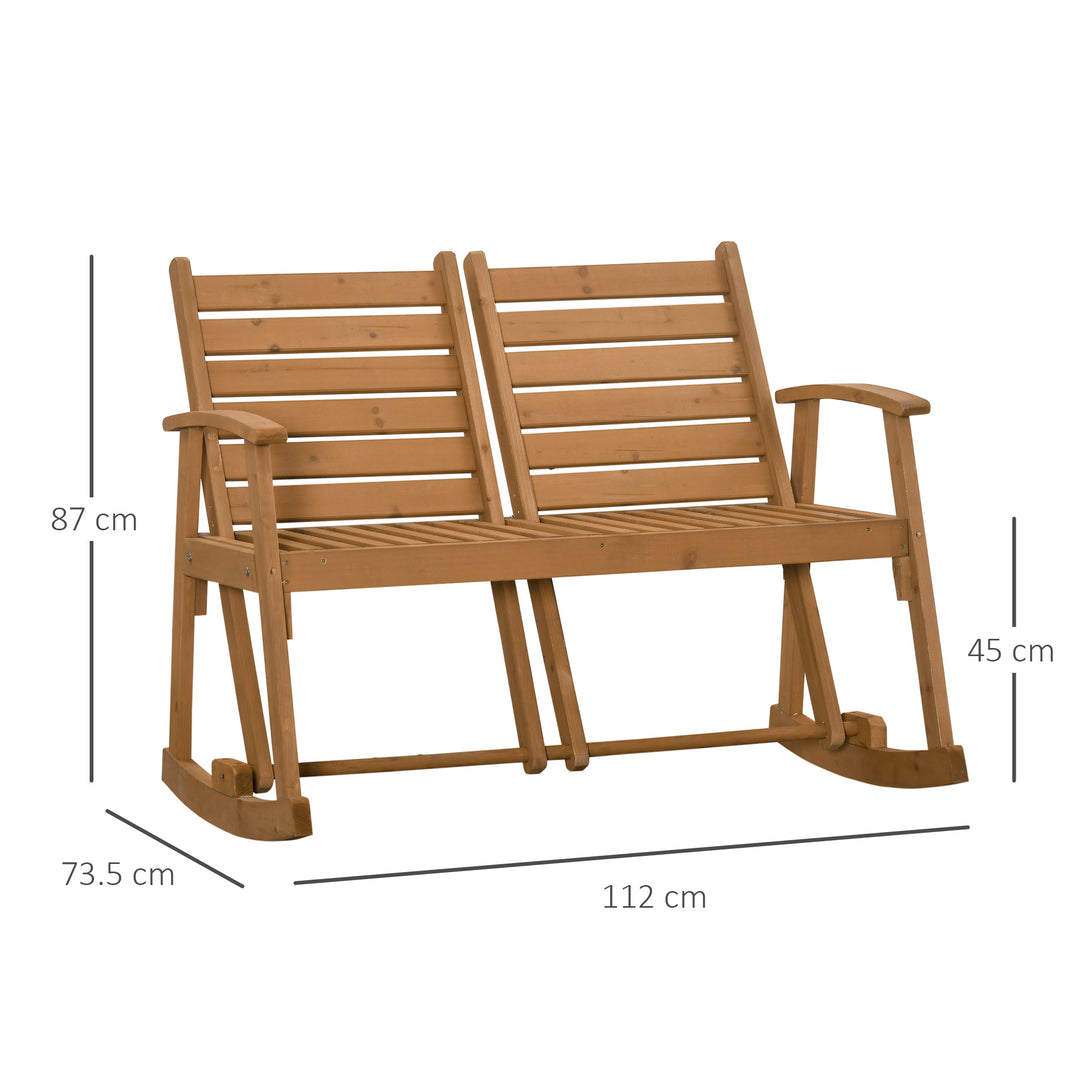 Wooden Garden Rocking Bench with Adjustable Backrests, 2-Seater Rustic Rocking Chair Loveseat with Slatted Seat and Armrests