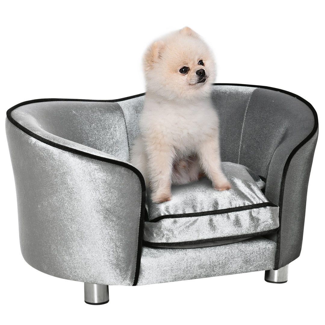 PawHut Pet Sofa Couch, Dog Bed, Cat Lounger, with Storage Pocket Removable Cushion Modern Furniture for Small Dogs, 69 x 49 x 38cm, Silver Grey