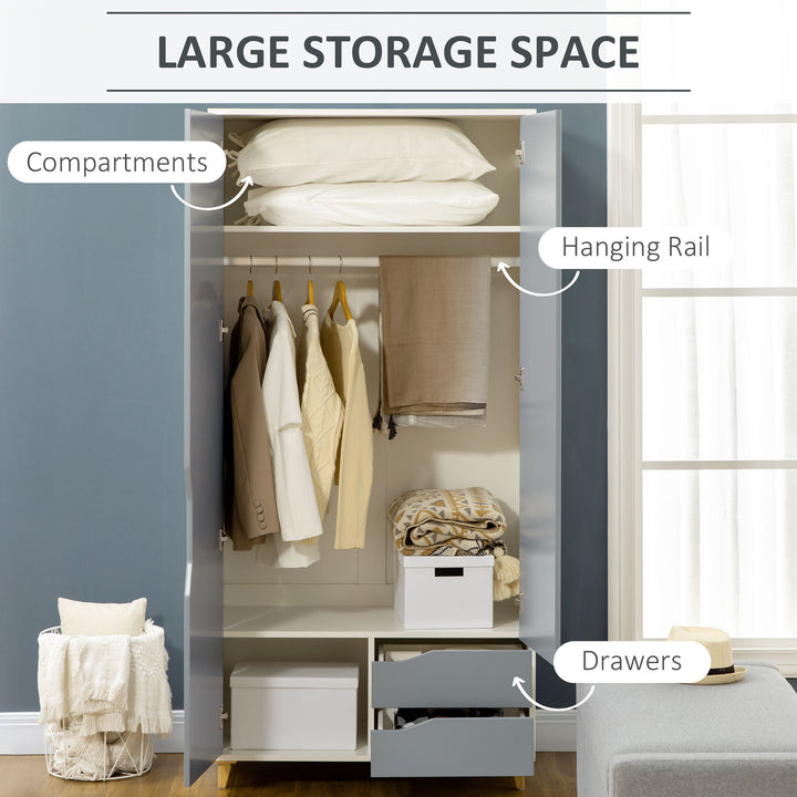 HOMCOM Wardrobe with 2 Doors, 2 Drawers, Hanging Rail, Shelves for Bedroom Clothes Storage Organiser, 89x50x185cm, Grey