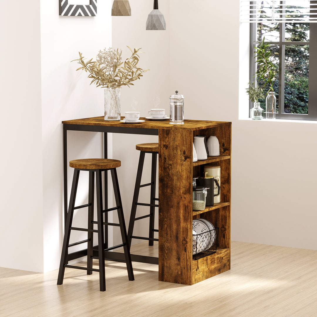 3 Piece Industrial Style Bar Table Set, Pub Dining Table Set Height Table and 2 Stools with Storage Shelf, Rustic Brown