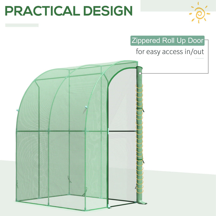 Outsunny Walk-In Greenhouse Lean to Wall Tunnel Greenhouse with Zippered Roll Up Door PE Cover and Steel Frame for Garden, 143 x 118 x 212 cm