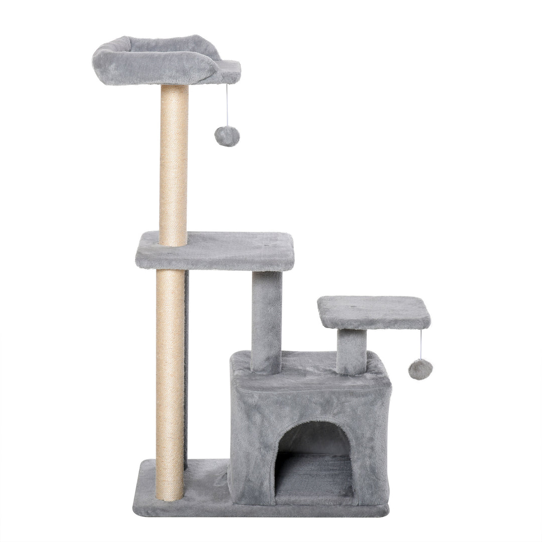 PawHut Cat tree Tower 114cm Climbing Activity Centre Kitten with Sisal Scratching Post Perch Hanging Ball Condo Toy Light Grey