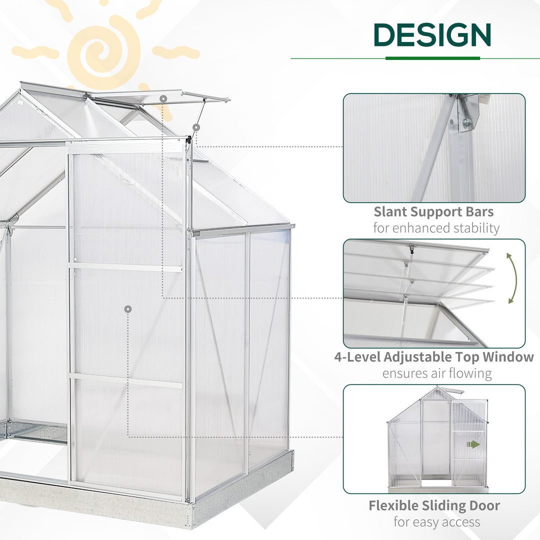 Walk-In Greenhouse Polycarbonate Panels Aluminium Frame w/ Sliding Door Adjustable Window Inner Area Plant Flower Grow, 6 x 4 ft