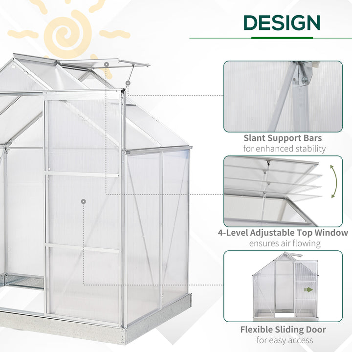 Walk-In Greenhouse Polycarbonate Panels Aluminium Frame w/ Sliding Door Adjustable Window Inner Area Plant Flower Grow, 6 x 4 ft