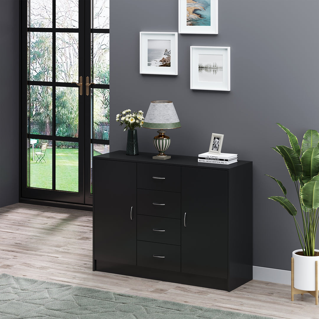 Sideboard Storage Cabinet with 2 Doors and 4 Drawers Free Standing Cupboard, Chest Organizer for Kitchen and Living Room, Black