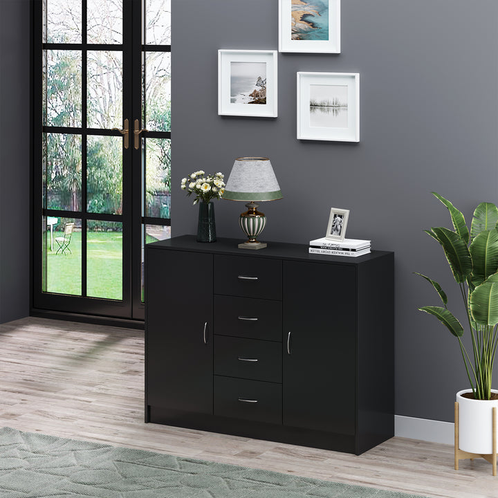 Sideboard Storage Cabinet with 2 Doors and 4 Drawers Free Standing Cupboard, Chest Organizer for Kitchen and Living Room, Black