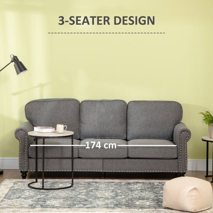 HOMCOM 3 Seater Sofas for Living Room, Fabric Couch with Nailhead Trim, Rolled Arms and Cushions, Grey