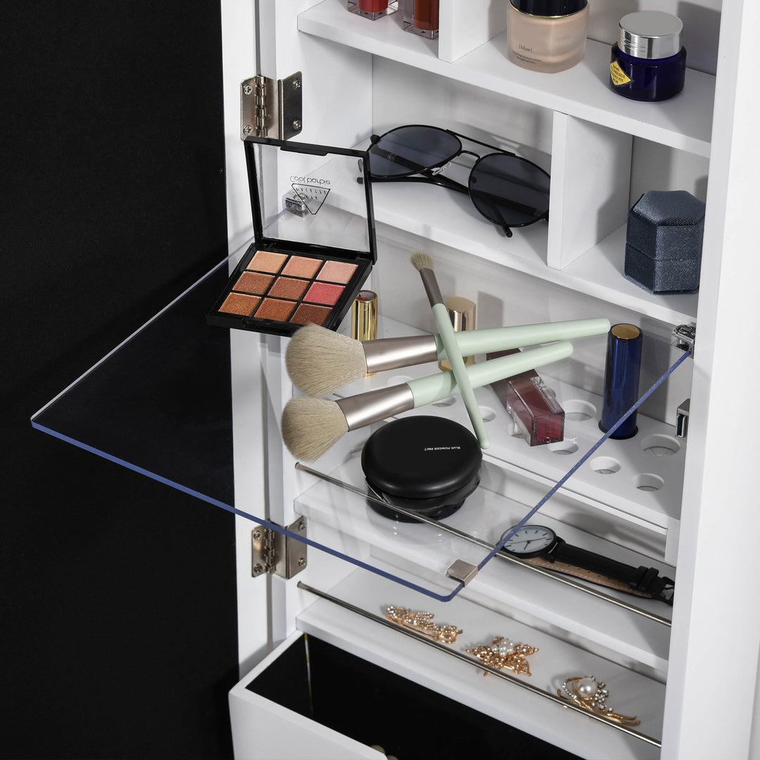 Jewellery Storage Mirror Cabinet Wall Mounted or Door Hanging w/ Hooks Shelves Drawer 18 Lights Brush Holder Vanity Makeup White