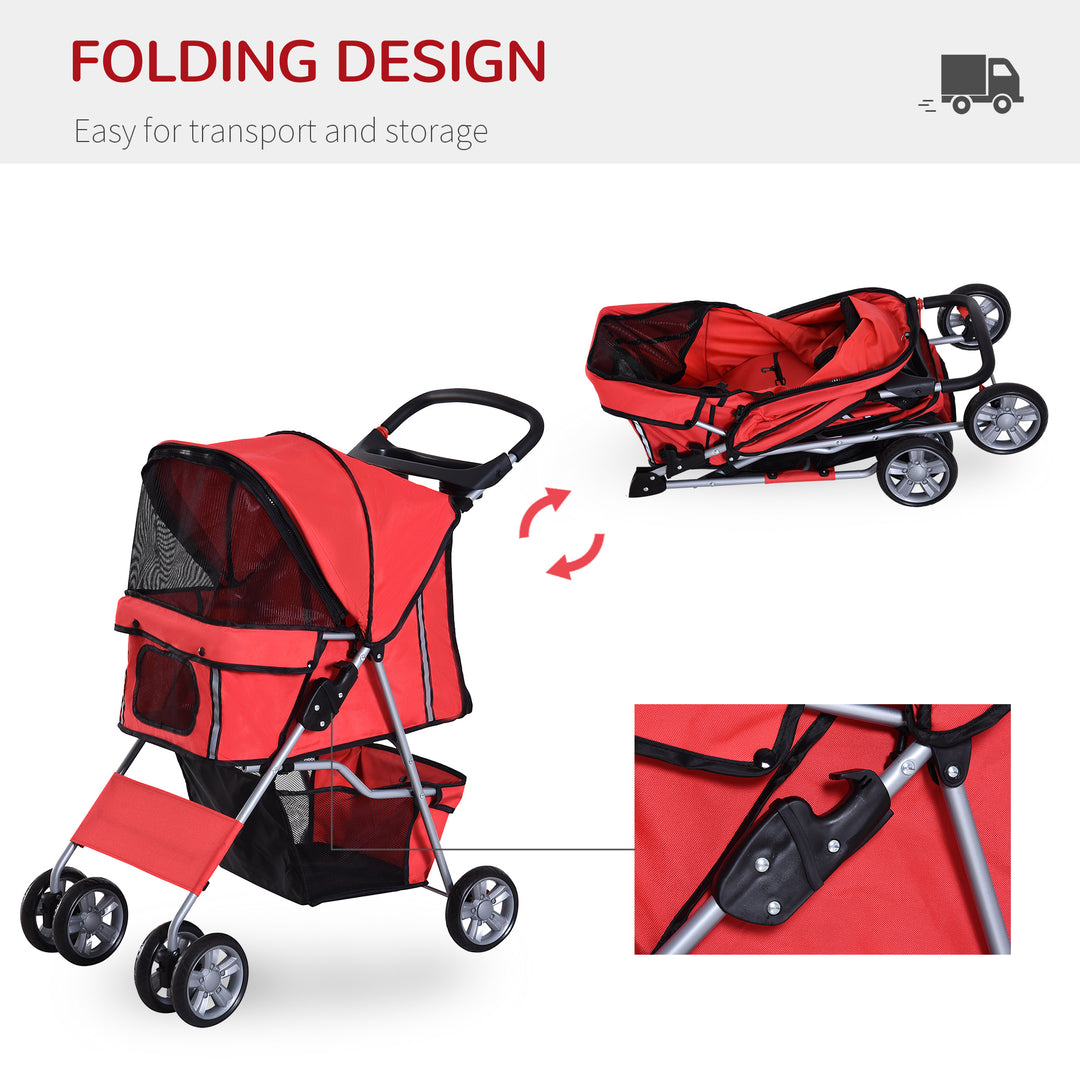 PawHut Pet Stroller Dog Pram Foldable Dog Pushchair Cat Travel Carriage w/ Wheels, Zipper Entry, for Small Pets, Red