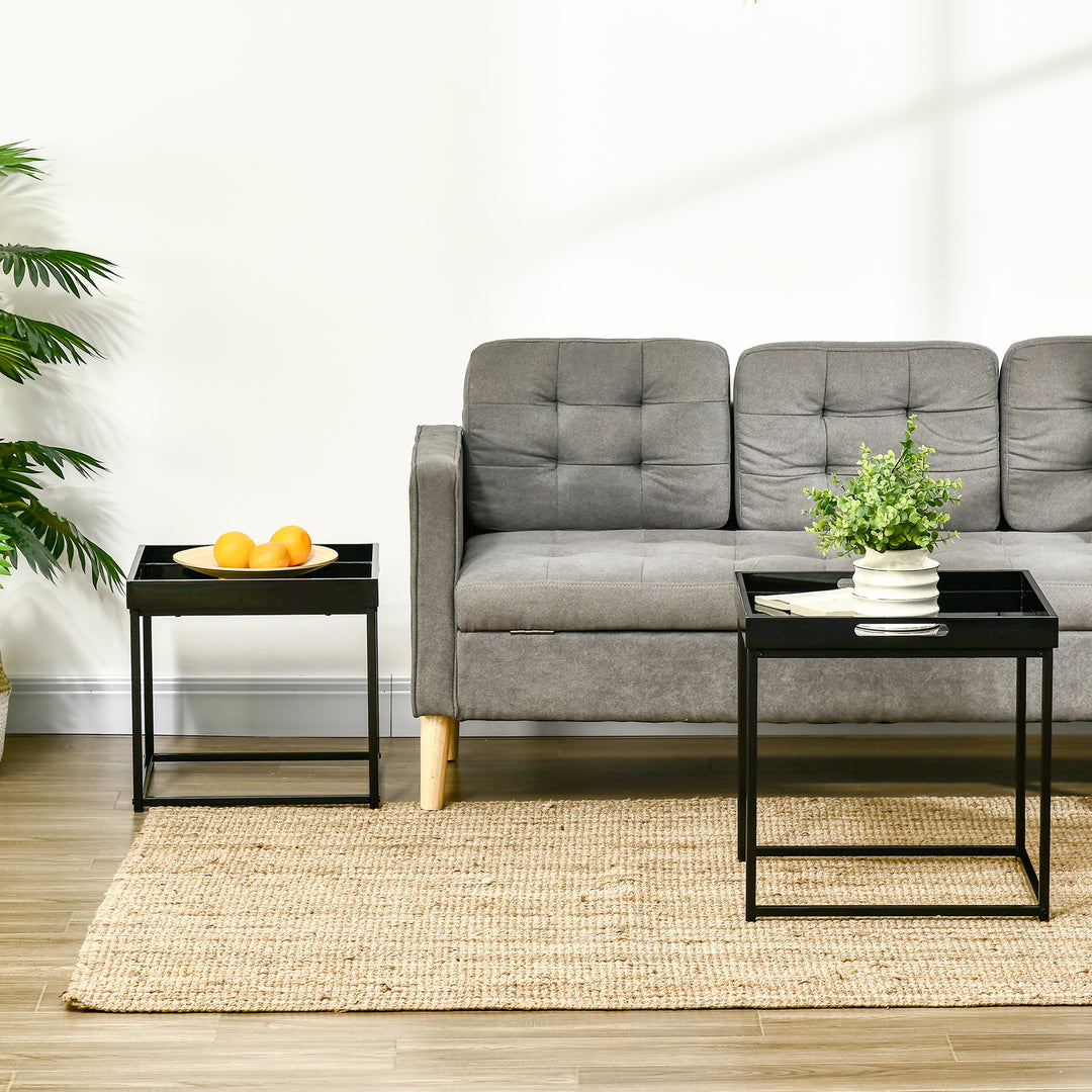 Modern Coffee Table Set of 2, Square Nest of Tables with Steel Frame and High Gloss Effect for Living Room, Black