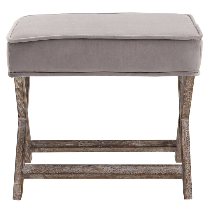Vintage Footstool Padded Seat X Leg Chair Velvet Cover Shabby Chic Footrest Solid Rubber Wood 49.5 x 45 x 41 cm Grey