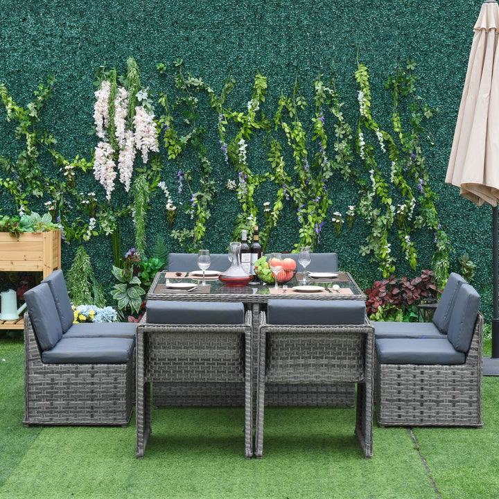 Outsunny Patio 8-Seater Rattan Dining Table Chair Set Garden Wicker Cube Sofa Furniture w/ Umbrella Hole Table for Indoor &amp; Outdoor Mixed Grey
