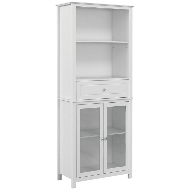 Kitchen Cupboard, Pantry Storage Cabinet with Tempered Glass Doors, Drawer, Open Shelf, Adjustable Shelves for Dining Room, Living Room, 181.5 cm, White