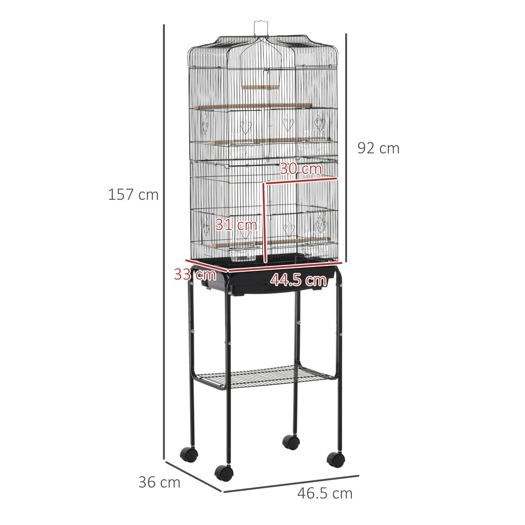 PawHut Bird Cage Budgie Cages for Finch Canary Parakeet with Stand Wheels Slide-out Tray Accessories Storage Shelf, Black 36 x 46.5 x 157 cm