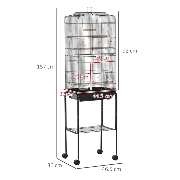 PawHut Bird Cage Budgie Cages for Finch Canary Parakeet with Stand Wheels Slide-out Tray Accessories Storage Shelf, Black 36 x 46.5 x 157 cm