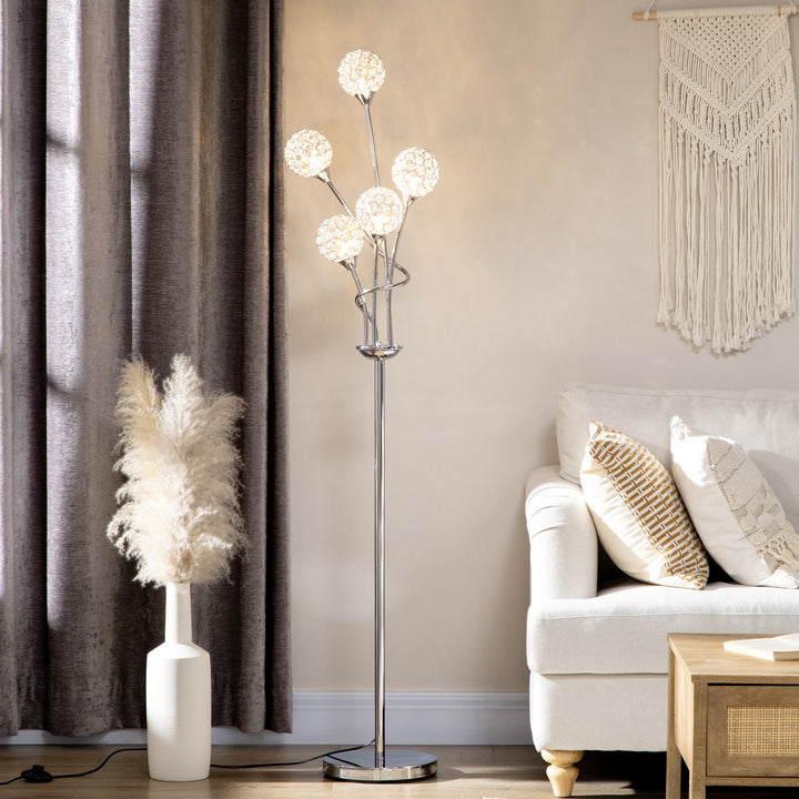 Crystal Floor Lamps for Living Room Bedroom with 5 Light, Modern Upright Standing Lamp, 34x25x156cm, Silver