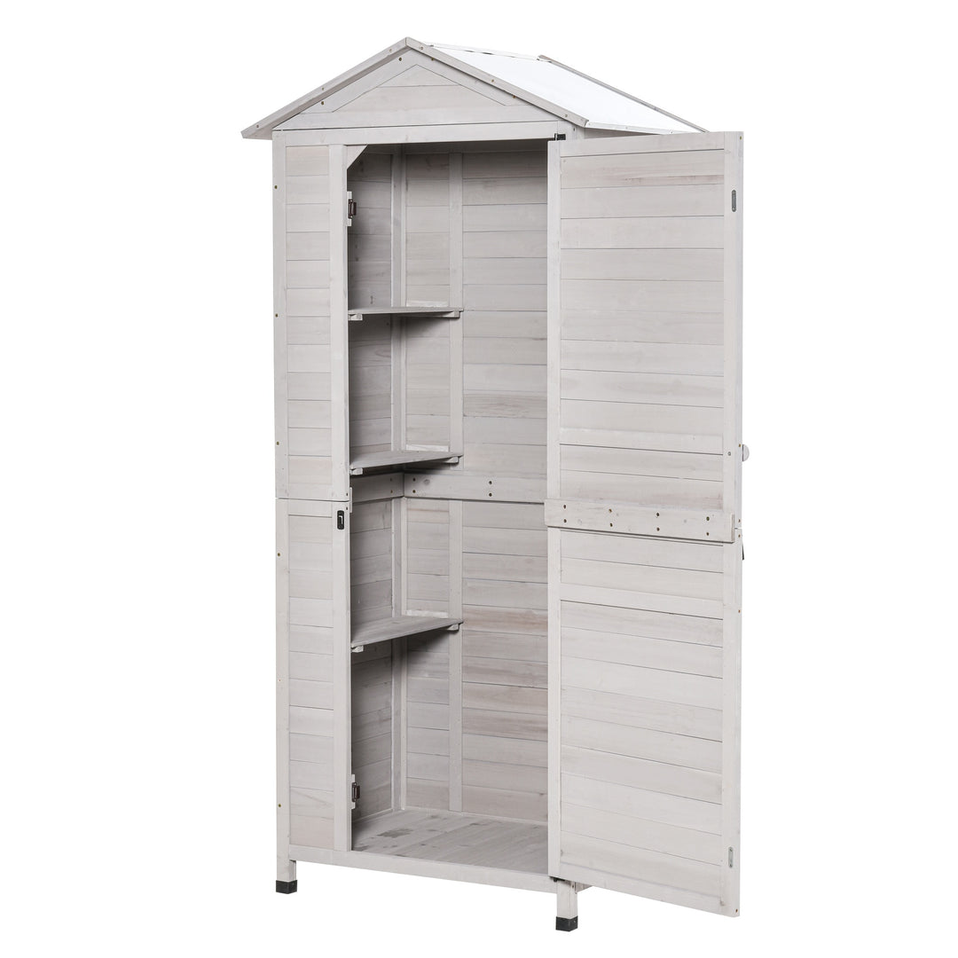 Garden Shed Outdoor Wooden Garden Cabinet 4-Tier Storage Shed 3 Shelves Lockable Organizer with Handle Tin Roof Magnetic Latch Foot Pad