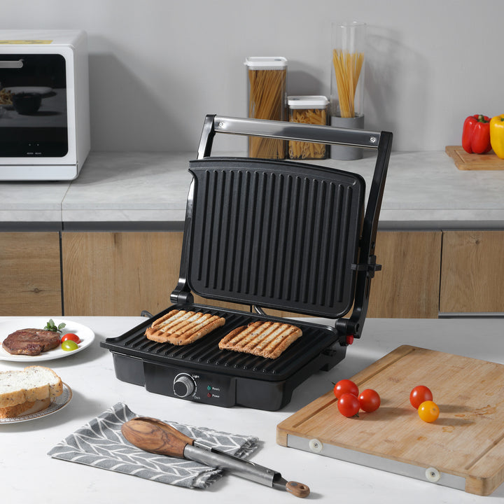 Health Grill & Panini Press, 4 Slice Toastie Machine, 2000W Electric Non-stick Grill with 180° Flat Open, Drip Tray and Adjustable Temperature