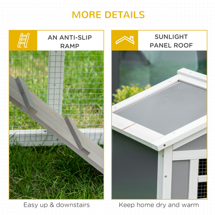 PawHut Wooden Rabbit Hutch, 2 Tier Guinea Pig Cage, Bunny Run, Small Animal House for Indoor Outdoor with Sunlight Panel Roof Slide-out Tray, Grey